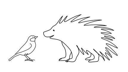 Obraz premium Linear sketch of a porcupine and a small bird facing each other isolated on transparent background PNG element