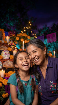 Joyful girl laughing with grandmother beside sugar skull altar for Mexico Day of the Dead
