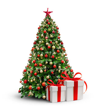 A Beautifully Festively Decorated Christmas Tree Surrounded by Gifts isolated on transparent
