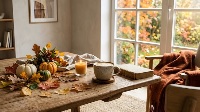 Charming autumn coffee corner with a warm latte candle and fall decorations on a wooden table top