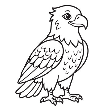 Cute cartoon eagle outline line art illustration. Black and white bird character with beak for kids coloring page activity book.