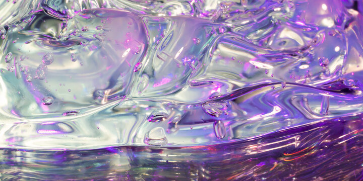 Iridescent fluid texture with violet light and glass reflection