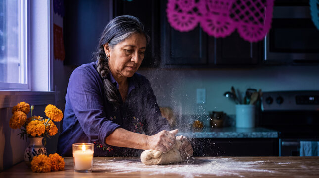 Absorbed grandmother kneading bread dough in kitchen with marigolds for Day of the Dead