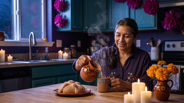 Serene woman pouring hot chocolate beside sweet bread in candlelit kitchen for Dia de Muertos