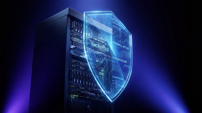 Cyber security shield protecting a server rack with encrypted data in
