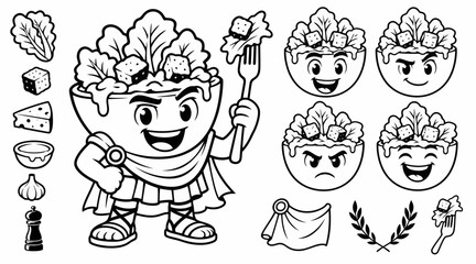Fototapeta premium Caesar salad character kit with historical theme and ingredients.