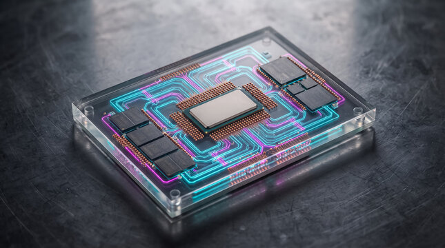 Modern computer processor chip with glowing blue and purple electronic circuits on a dark surface representing advanced technology and data processing