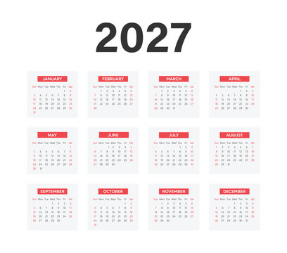 Realistic monthly calendar design for 2027 year. 12 months English calendar start from Sunday.