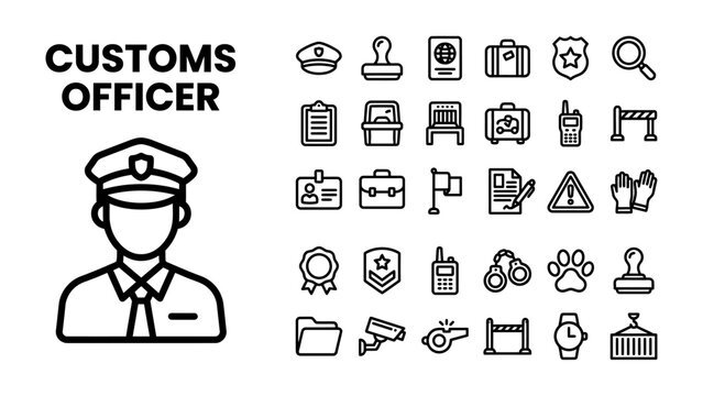 Customs Officer Icon Set: A collection of linear icons representing a customs officer and various related equipment and symbols, including identification, travel documents, and security items.