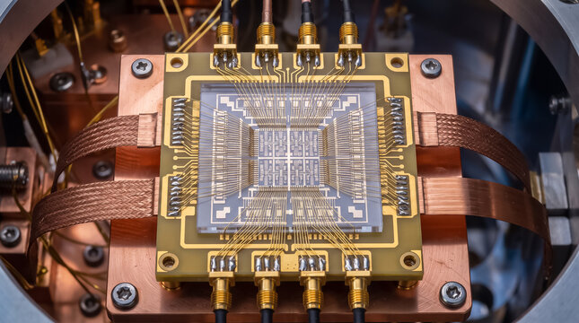 Close up of a powerful quantum computer processor chip mounted on a gold circuit board inside a high tech laboratory cooling system environment