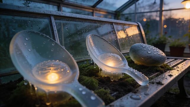 Panning camera focusing on three spoon bowls with lit candles on greenhouse bench