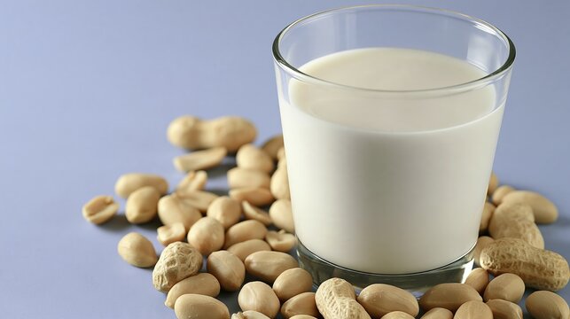 Peanut milk in glass on grey backdrop, close-up shot
