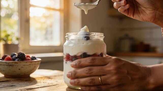 Spoon appearing, woman's hands scooping yogurt into mason jar at kitchen window, assembling parfait