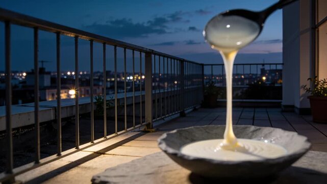 Tilting hand pouring thick pale liquid from metal spoon into shallow dark bowl on balcony, serving