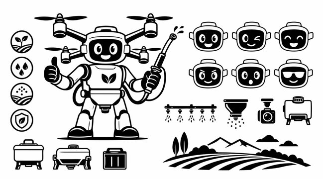 Black and white farming robot drone character asset set