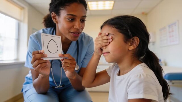 Raising card with black oval, scrub-clad provider asking child to cover eye for clinic screening