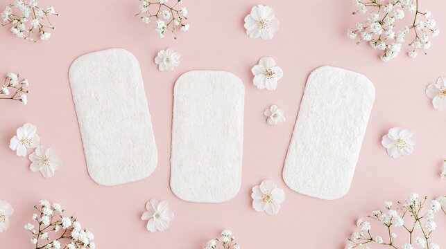Cotton hygiene pads and delicate white flowers on vibrant backdrop