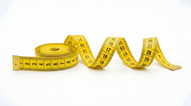 Yellow Measuring Tape Coiled on White Background for Weight Loss, Fitness, and Tailoring Concepts