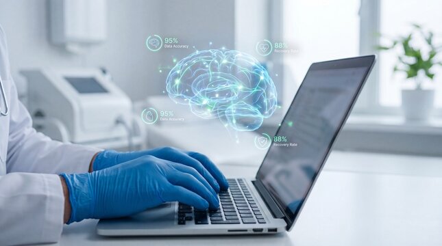 Doctor using laptop with digital brain interface for medical research
