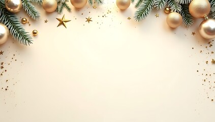 Obraz premium Christmas frame made of pine branches golden balls and star decorations with copy space