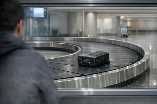 A person examining their luggage as it passes by on the airport conveyor belt