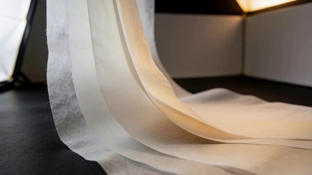Shifting tissue sheets cascading and settling on black table after right release for study, softbox