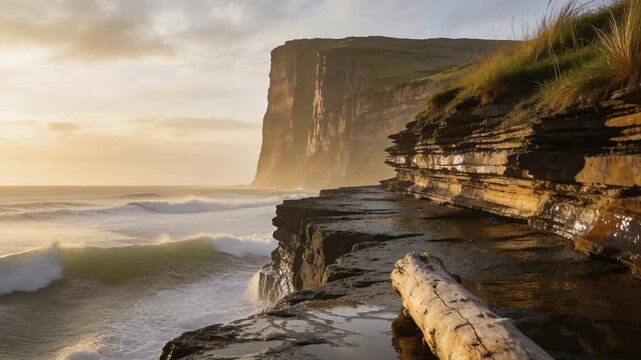 Rising swell striking rocky shoreline on sea ledge at golden hour, splashing around driftwood log
