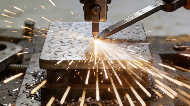 Cutting diamond plate at workbench, tip touching while right chisel bracing, making chips, sparking