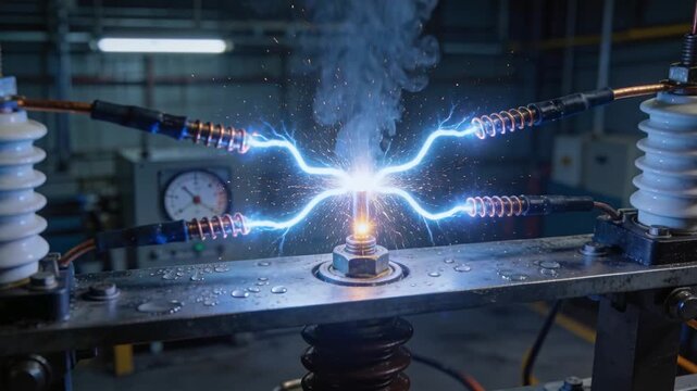 Arcing central stud sending blue arc along copper leads after pulse at test bench