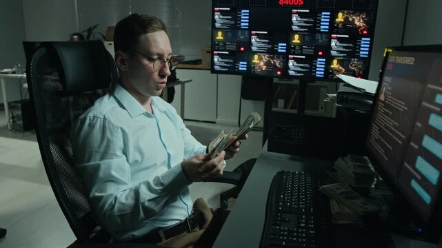 Young Caucasian hacker counting cash stacks at computer workstation in cybercrime office. Clip suitable for cybersecurity training and digital fraud prevention