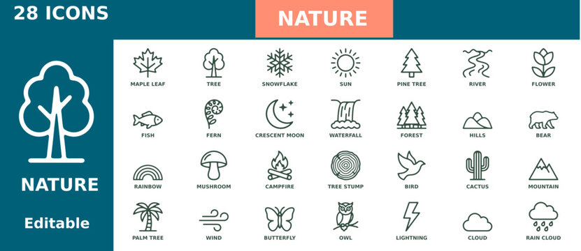 Set of twenty eight black line nature icons for graphic design projects