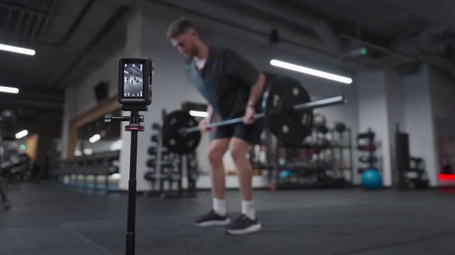 An action camera fills the foreground as an athletic man performs barbell rows during a fitness video production.