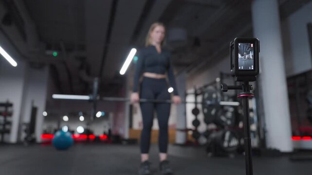 Behind-the-scenes fitness production shot with an action camera in focus and a woman performing a barbell deadlift behind it.