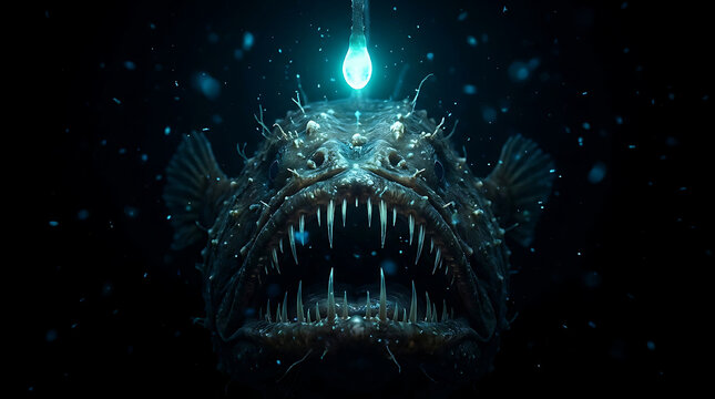 Terrifying Bioluminescent Deep Sea Anglerfish with Glowing Lure and Sharp Teeth in the Dark Abyss