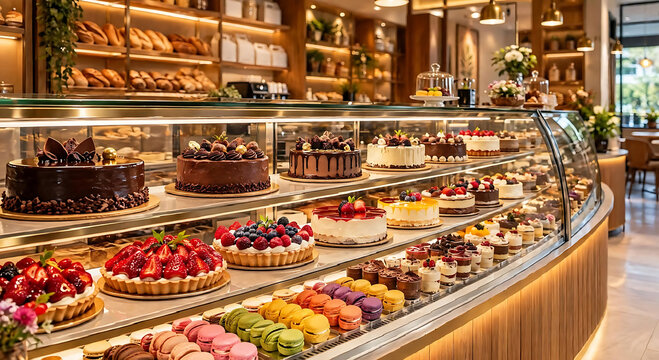 Wide angle view of modern bakery shop with colorful cakes pastries fruit tarts and macarons in display case
