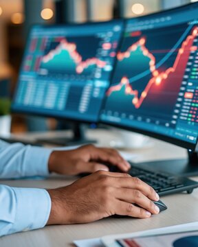 Trader hands on keyboard and mouse in front of dual monitors displaying financial charts with red and blue curves, shallow depth of field, warm ambient lighting