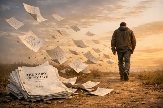 A person walking away from a stack of documents or files, possibly indicating departure or disengagement
