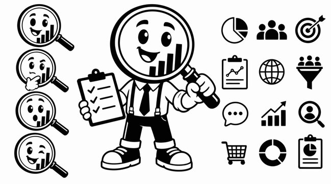 Cartoon magnifying glass character and data analysis icons set.