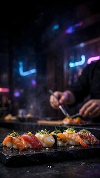 Luxury Nigiri Sushi Platter with Fresh Salmon, Tuna, Scallop, Uni, and Shrimp in Cyberpunk Bar Setting
