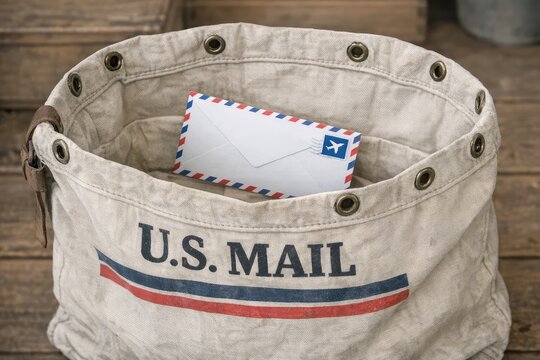 A close-up shot of a vintage-style mail bag with a letter peeking out