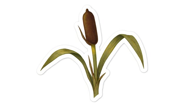 Cattail stalk with brown flower head rises above bending leaves. Nature decoration concept