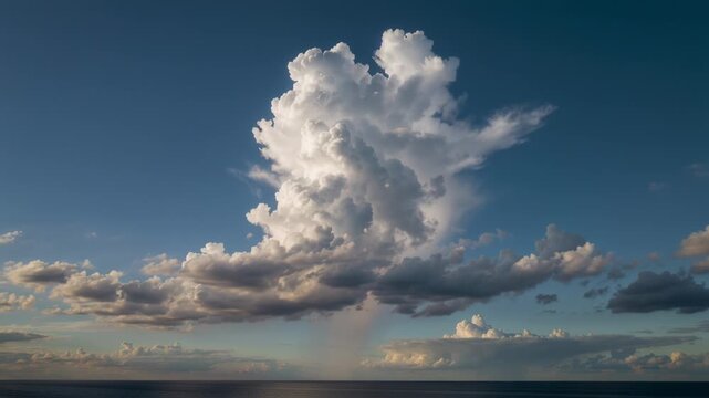 Rising tall cumulus cloud producing vertical rain shaft over open ocean, highlighting sunlit edges