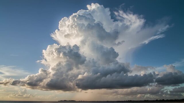 Growing cloud driven by coastal convection forming turrets and spreading anvil over calm bay, virga
