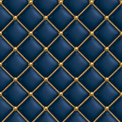 Obraz premium A seamless pattern of dark blue quilted fabric, forming a diamond pattern, is adorned with golden cords that intersect, their points embellished with tiny golden studs