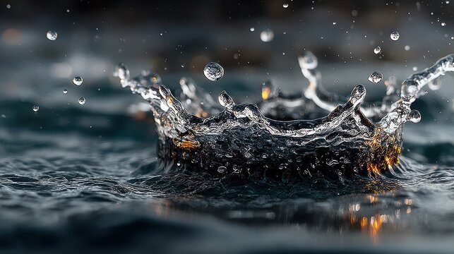 Close-up view of water droplets creating a dynamic crown shape upon impact in an ocean