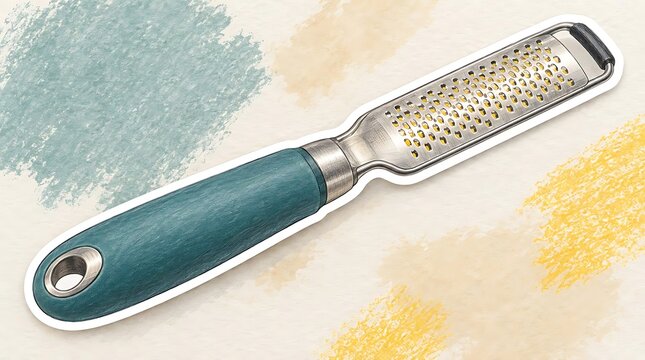 Stainless steel citrus zester angles handle beside perforated metal head. Food kitchenware concept