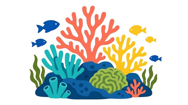 Coral structures grow from underwater rock base with fish silhouettes. Environment nature concept