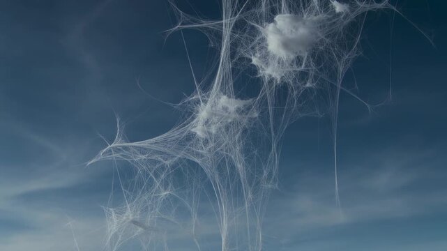 Swaying white filament web drifting across deep blue sky moving from mild breeze with knotted tufts