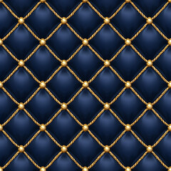 Obraz premium Dark blue quilted fabric with a diamond pattern, seamlessly formed, features golden cords crossing each other and small gold studs at the intersections