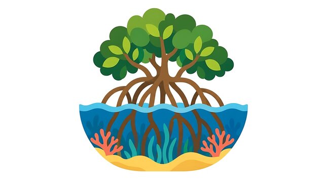 Mangrove roots branch through coastal water beneath green canopy. Environment nature concept